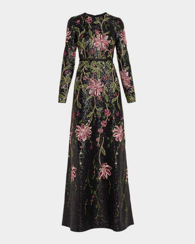 Floral Sequined Long-Sleeve A-Line Gown